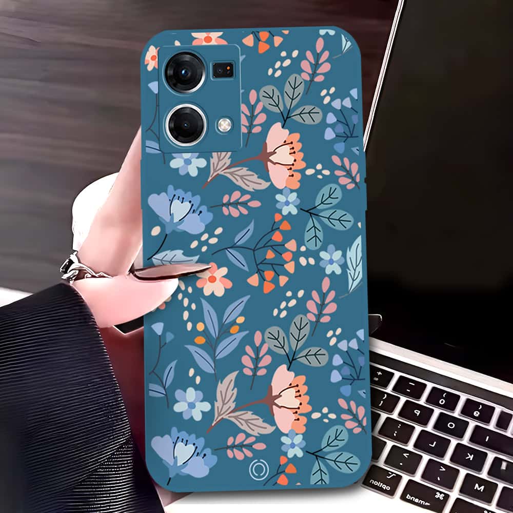 Oppo Reno 7 4G Cover - Blue - D1 - ONation Floral Series - HQ Liquid Silicone Soft Case