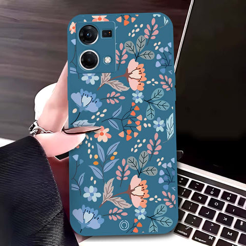 Oppo Reno 7 4G Cover - Blue - D1 - ONation Floral Series - HQ Liquid Silicone Soft Case