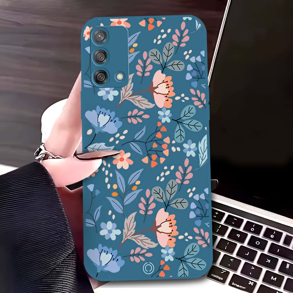 Oppo A95 Cover - Blue - D1 - ONation Floral Series - HQ Liquid Silicone Soft Case