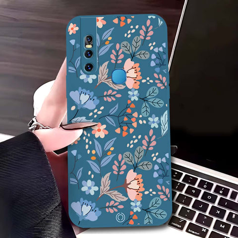 Vivo V15 Cover - Blue - D1 - ONation Floral Series - HQ Liquid Silicone Soft Case