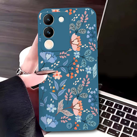 Vivo V29e Cover - Blue - D1 - ONation Floral Series - HQ Liquid Silicone Soft Case