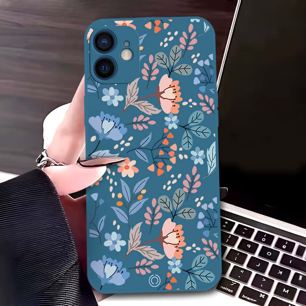 iPhone 12 Mini Cover - Blue - D1 - ONation Floral Series - HQ Liquid Silicone Soft Case