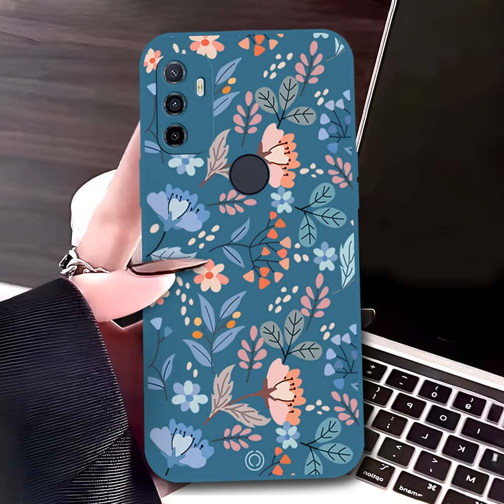 Oppo A32 Cover - Blue - D1 - ONation Floral Series - HQ Liquid Silicone Soft Case