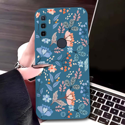 Oppo A32 Cover - Blue - D1 - ONation Floral Series - HQ Liquid Silicone Soft Case
