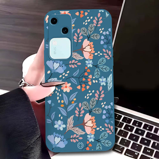 Vivo V30 Cover - Blue - D1 - ONation Floral Series - HQ Liquid Silicone Soft Case (Fast Delivery)