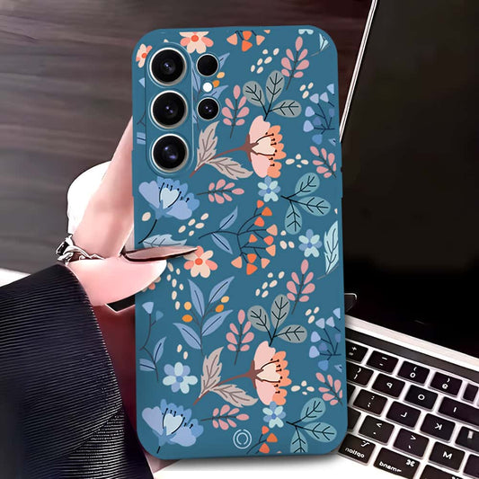 Samsung Galaxy S25 Ultra Cover - Blue - D1 - ONation Floral Series - HQ Liquid Silicone Soft Case