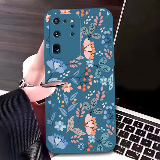 Samsung Galaxy S20 Ultra Cover - Blue - D1 - ONation Floral Series - HQ Liquid Silicone Soft Case
