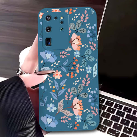 Samsung Galaxy S20 Ultra Cover - Blue - D1 - ONation Floral Series - HQ Liquid Silicone Soft Case