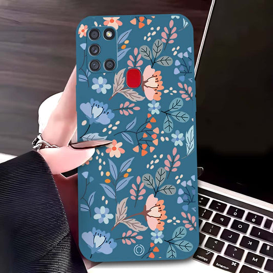 Samsung Galaxy A21s Cover - Blue - D1 - ONation Floral Series - HQ Liquid Silicone Soft Case