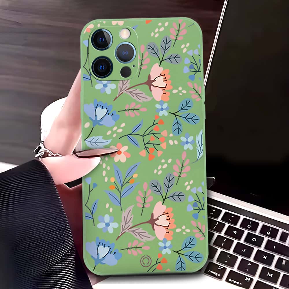 iPhone 12 Pro Cover - Light Green - D1 - ONation Floral Series - HQ Liquid Silicone Soft Case