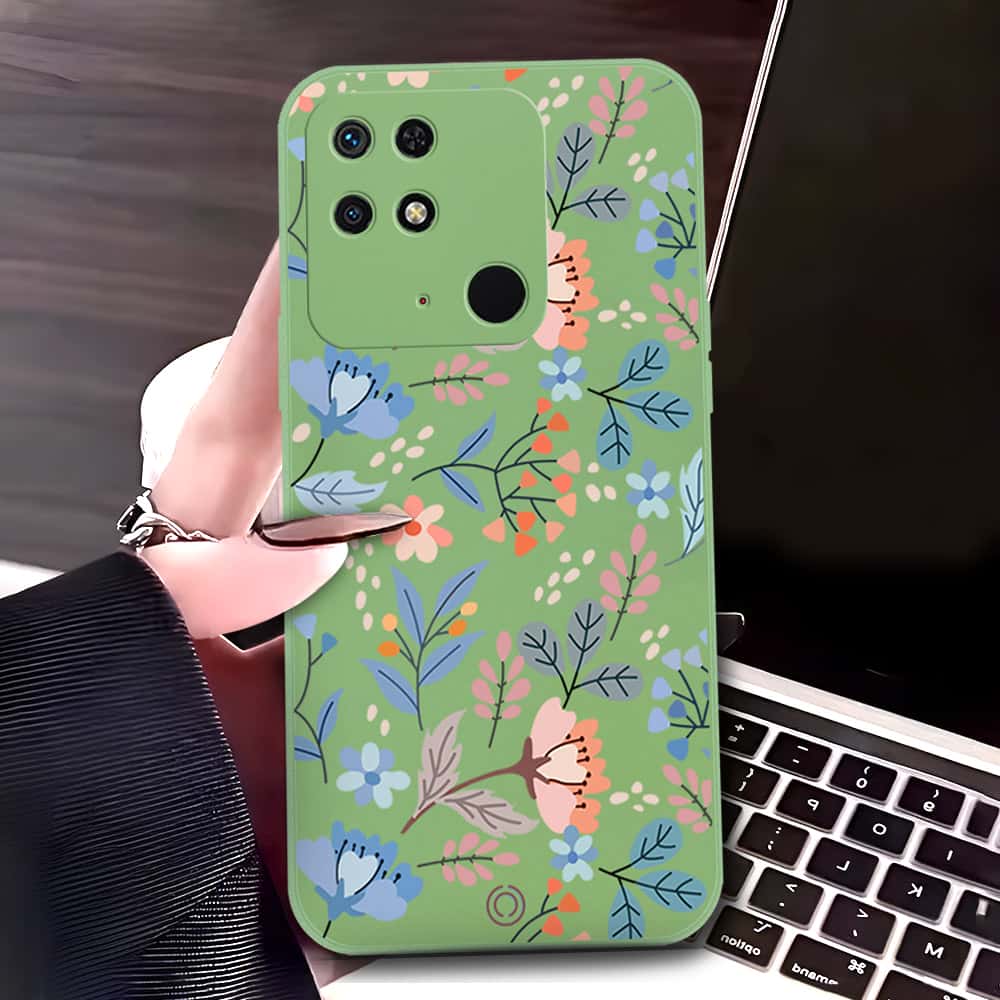 Xiaomi Redmi 10C Cover - Light Green - D1 - ONation Floral Series - HQ Liquid Silicone Soft Case