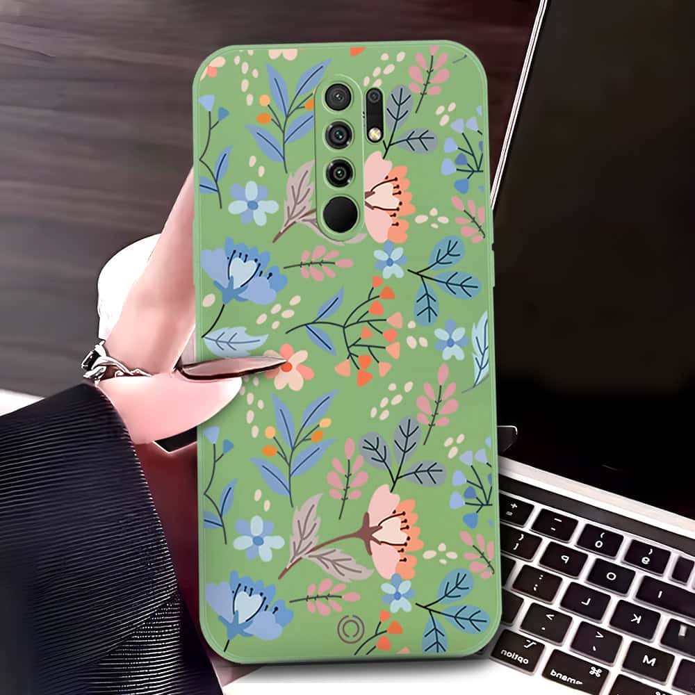 Xiaomi Redmi 9 Prime Cover - Light Green - D1 - ONation Floral Series - HQ Liquid Silicone Soft Case