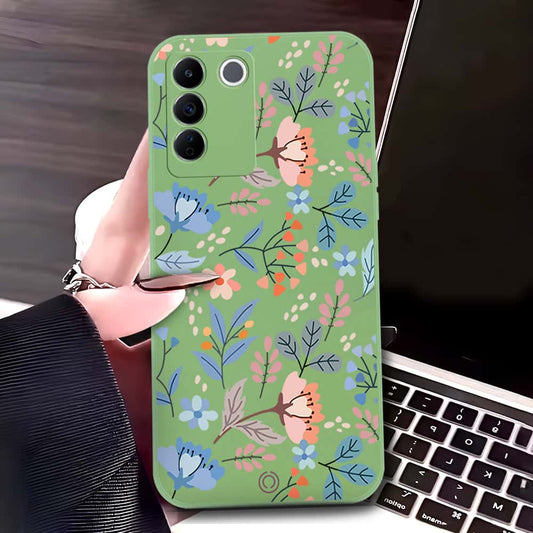 Vivo V27e Cover - Light Green - D1 - ONation Floral Series - HQ Liquid Silicone Soft Case