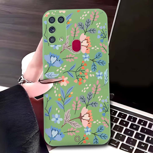 Samsung Galaxy M31 Cover - Light Green - D1 - ONation Floral Series - HQ Liquid Silicone Soft Case