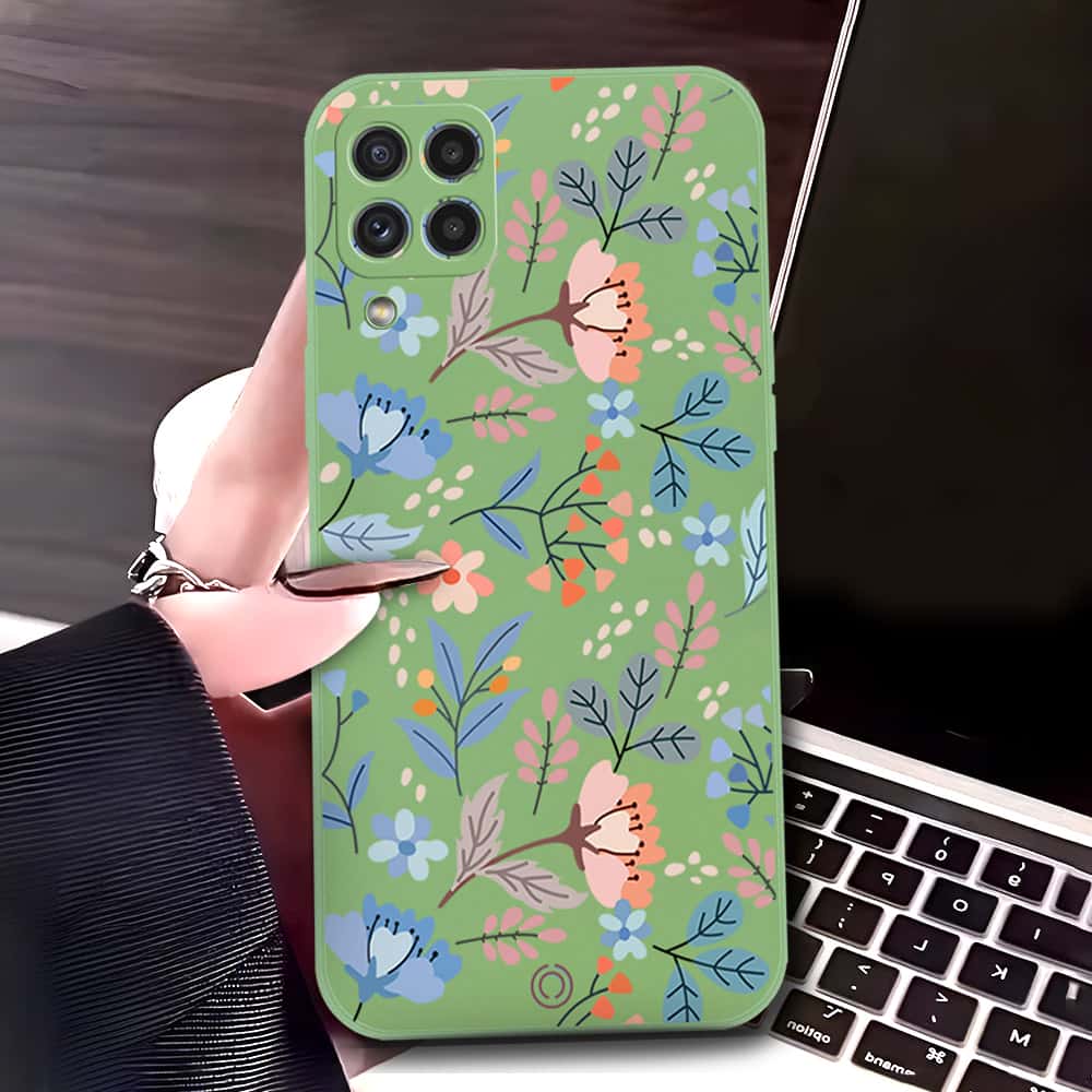 Samsung Galaxy A22 Cover - Light Green - D1 - ONation Floral Series - HQ Liquid Silicone Soft Case