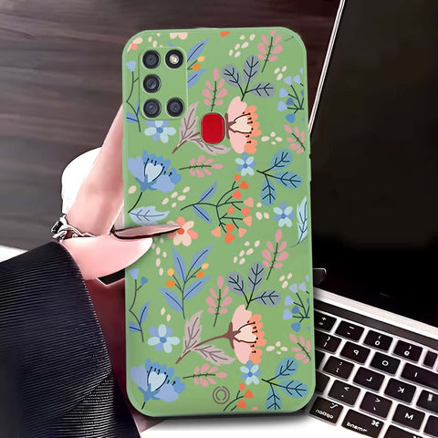 Samsung Galaxy A21s Cover - Light Green - D1 - ONation Floral Series - HQ Liquid Silicone Soft Case