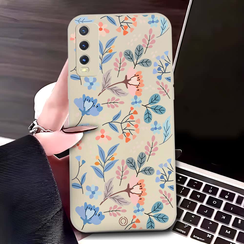 Vivo Y20i Cover - Off White - D1 - ONation Floral Series - HQ Liquid Silicone Soft Case