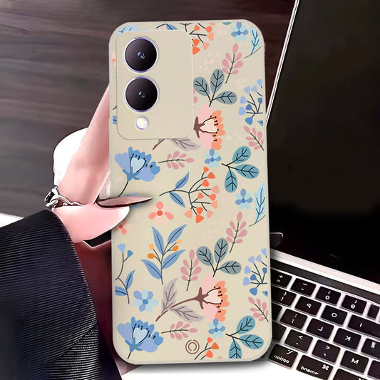 Vivo Y17s Cover - Off White - D1 - ONation Floral Series - HQ Liquid Silicone Soft Case