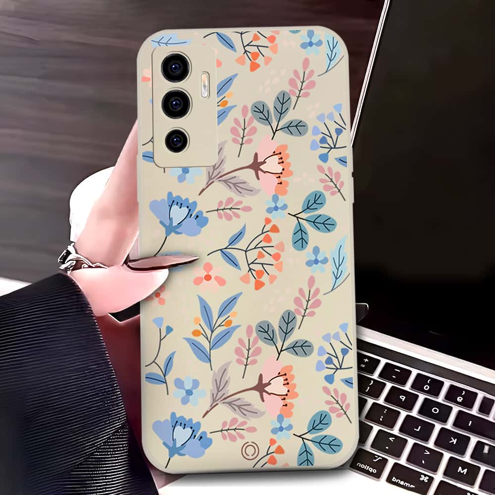 Vivo V23e 5G Cover - Off White - D1 - ONation Floral Series - HQ Liquid Silicone Soft Case