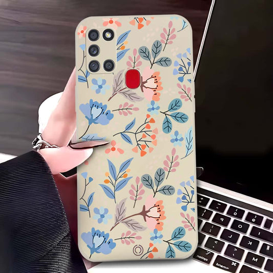 Samsung Galaxy A21s Cover - Off White - D1 - ONation Floral Series - HQ Liquid Silicone Soft Case
