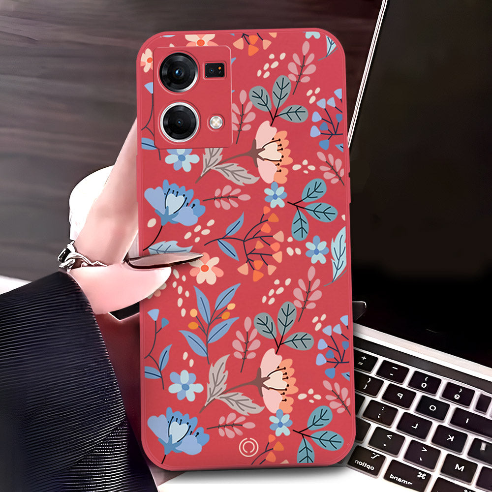 Oppo Reno 7 4G Cover - Red - D1 - ONation Floral Series - HQ Liquid Silicone Soft Case