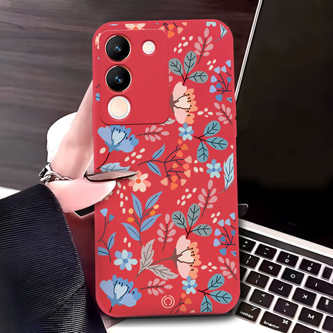 Vivo V29e Cover - Red - D1 - ONation Floral Series - HQ Liquid Silicone Soft Case