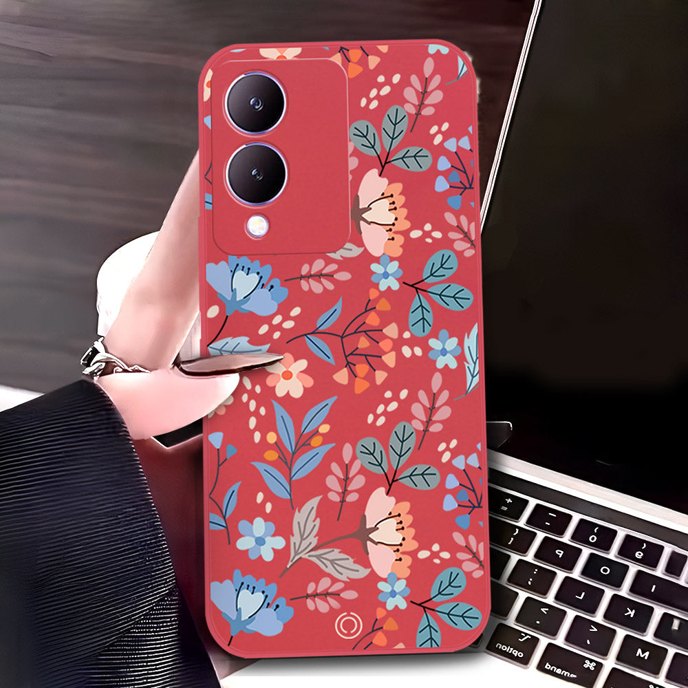 Vivo Y17s Cover - Red - D1 - ONation Floral Series - HQ Liquid Silicone Soft Case