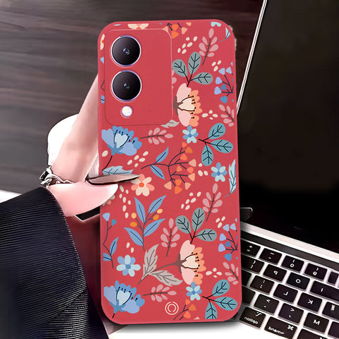 Vivo Y17s Cover - Red - D1 - ONation Floral Series - HQ Liquid Silicone Soft Case