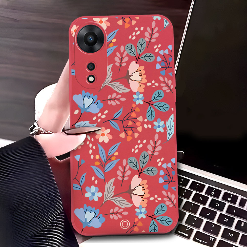 Oppo A58 4G Cover - Red - D1 - ONation Floral Series - HQ Liquid Silicone Soft Case
