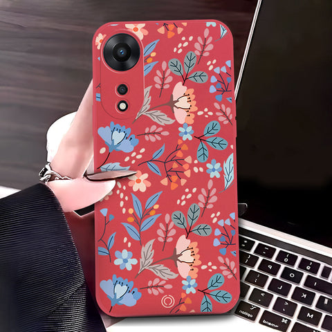Oppo A58 4G Cover - Red - D1 - ONation Floral Series - HQ Liquid Silicone Soft Case
