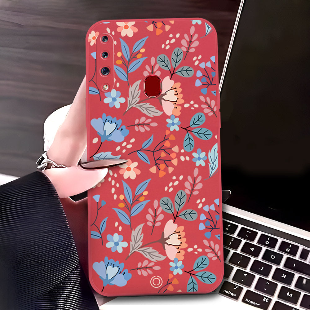 Samsung Galaxy A20s Cover - Red - D1 - ONation Floral Series - HQ Liquid Silicone Soft Case