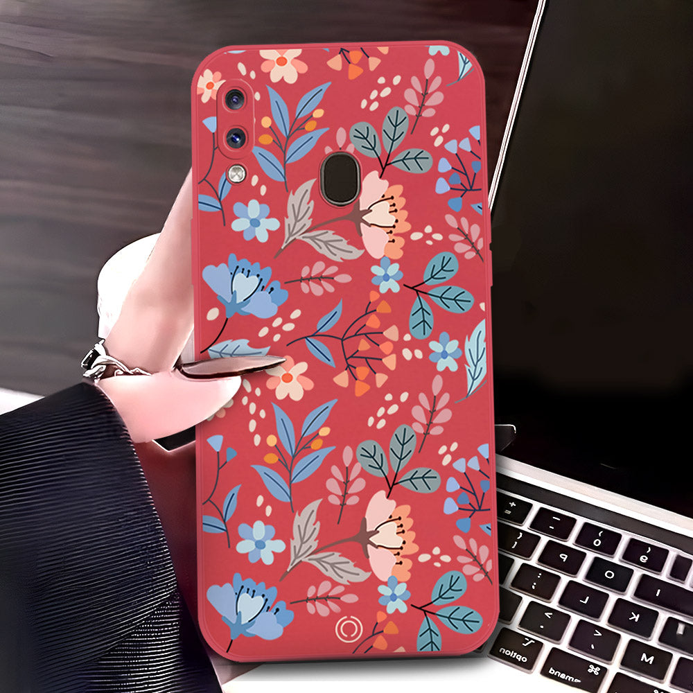 Samsung Galaxy A20 Cover - Red - D1 - ONation Floral Series - HQ Liquid Silicone Soft Case