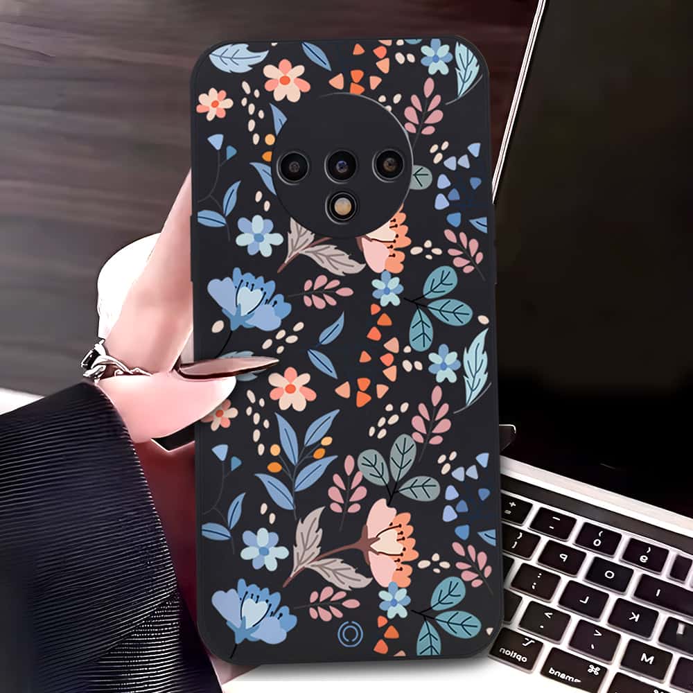 OnePlus 7T Cover - Black - D1 - ONation Floral Series - HQ Liquid Silicone Soft Case