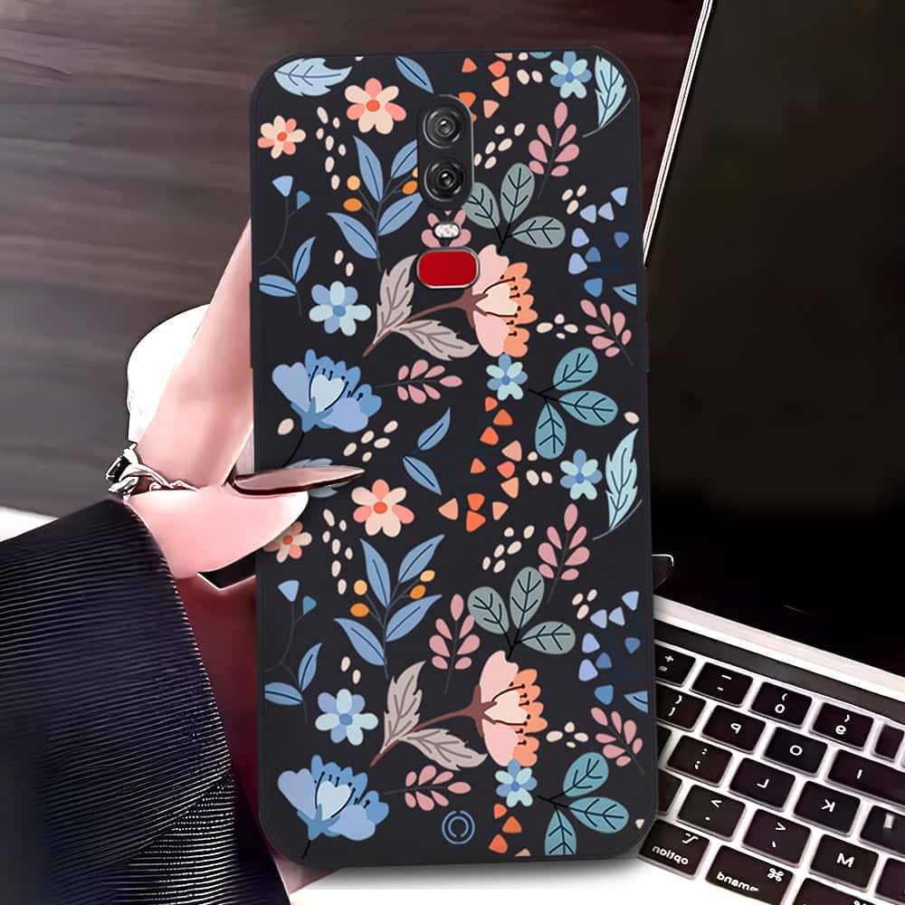 OnePlus 6 Cover - Black - D1 - ONation Floral Series - HQ Liquid Silicone Soft Case