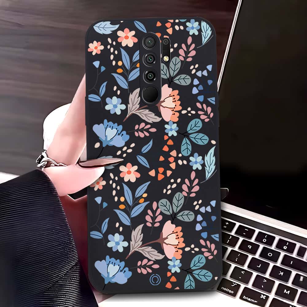 Xiaomi Redmi 9 Prime Cover - Black - D1 - ONation Floral Series - HQ Liquid Silicone Soft Case