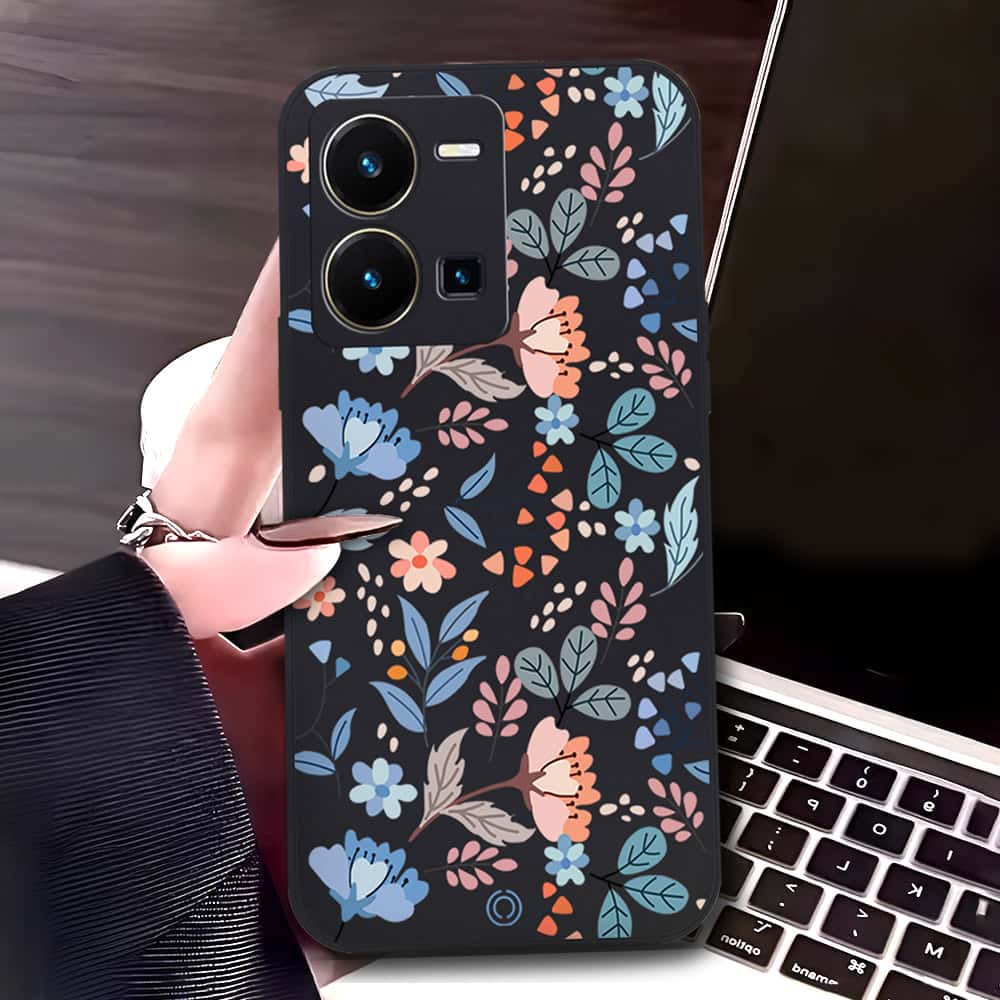 Vivo Y35 5G Cover - Black - D1 - ONation Floral Series - HQ Liquid Silicone Soft Case