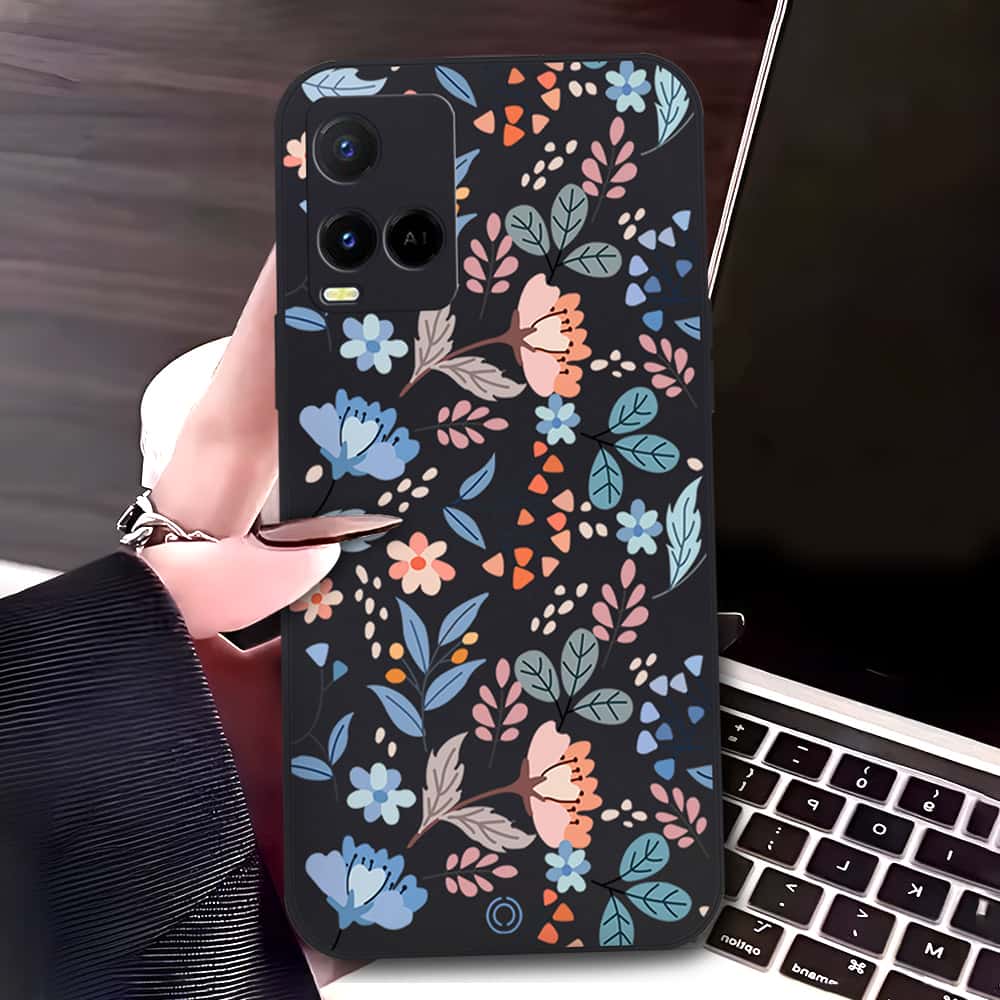 Vivo Y21s Cover - Black - D1 - ONation Floral Series - HQ Liquid Silicone Soft Case