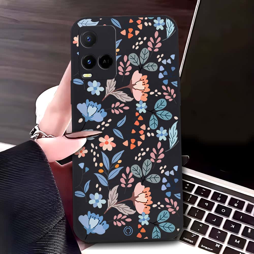 Vivo Y21e Cover - Black - D1 - ONation Floral Series - HQ Liquid Silicone Soft Case
