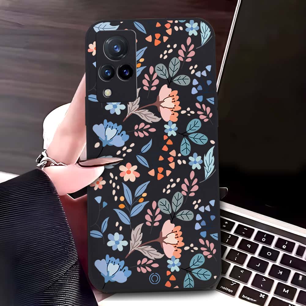 Vivo V21 Cover - Black - D1 - ONation Floral Series - HQ Liquid Silicone Soft Case