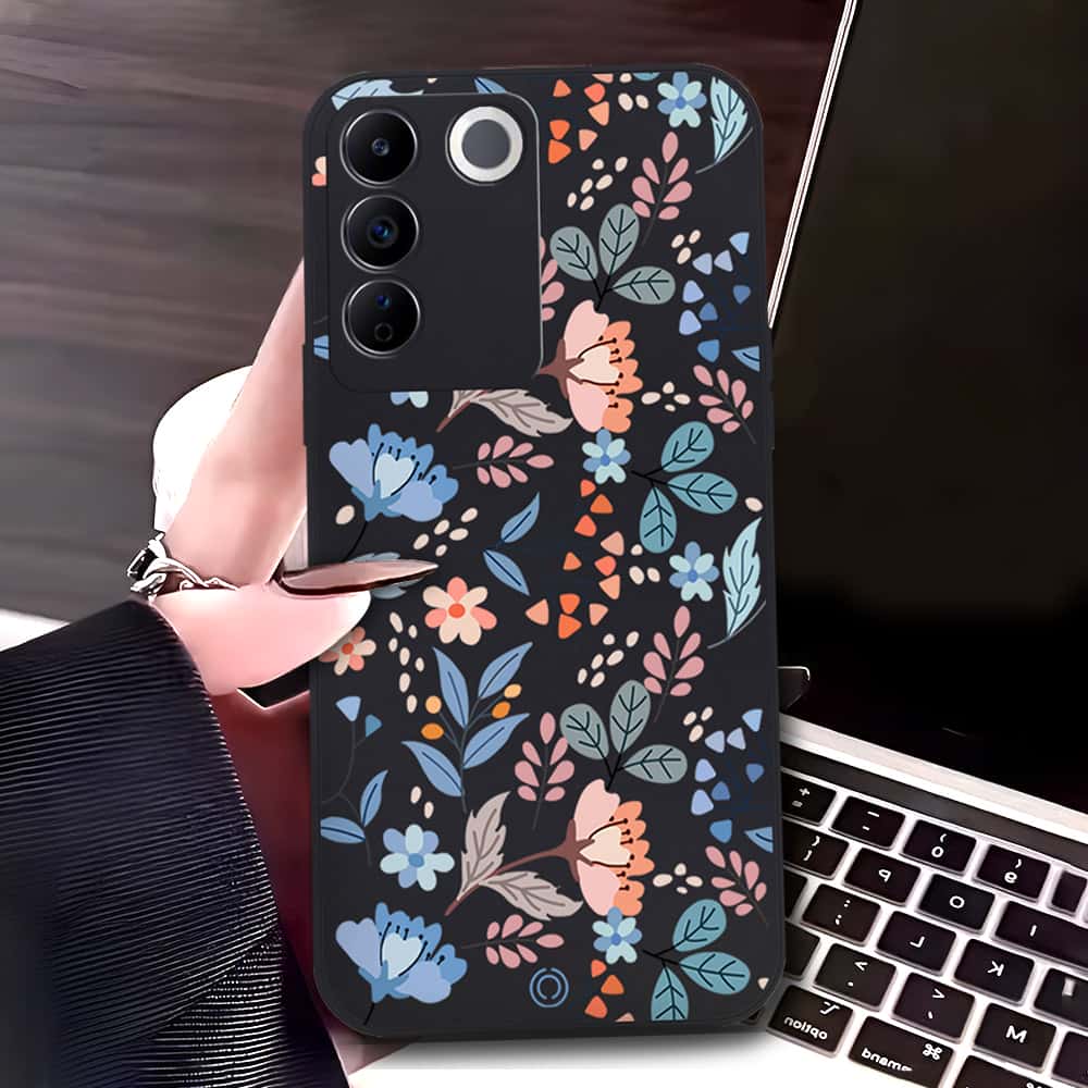 Vivo S16e Cover - Black - D1 - ONation Floral Series - HQ Liquid Silicone Soft Case