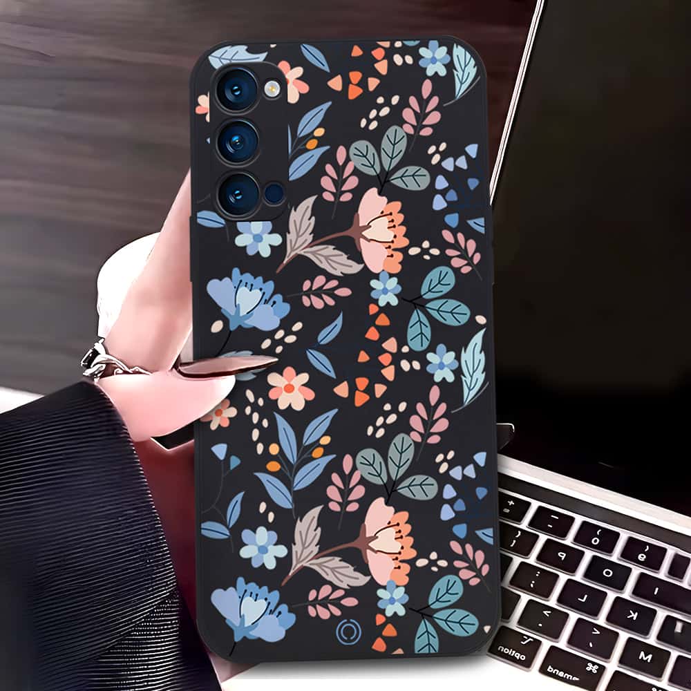 Oppo Reno 4 Cover - Black - D1 - ONation Floral Series - HQ Liquid Silicone Soft Case