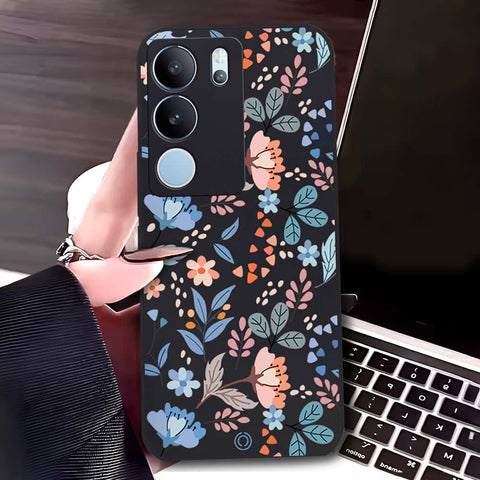 Vivo V29 Cover - Black - D1 - ONation Floral Series - HQ Liquid Silicone Soft Case