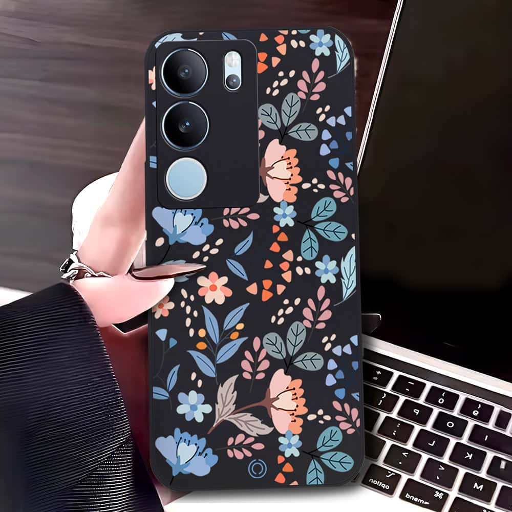 Vivo V29 Pro Cover - Black - D1 - ONation Floral Series - HQ Liquid Silicone Soft Case
