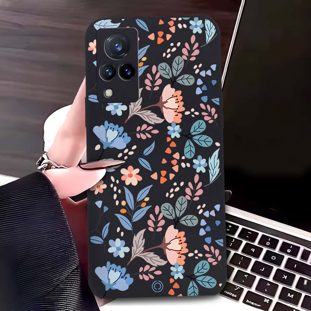 Vivo V21s Cover - Black - D1 - ONation Floral Series - HQ Liquid Silicone Soft Case