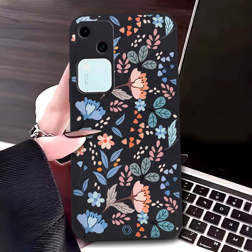 Vivo V30 Cover - Black - D1 - ONation Floral Series - HQ Liquid Silicone Soft Case