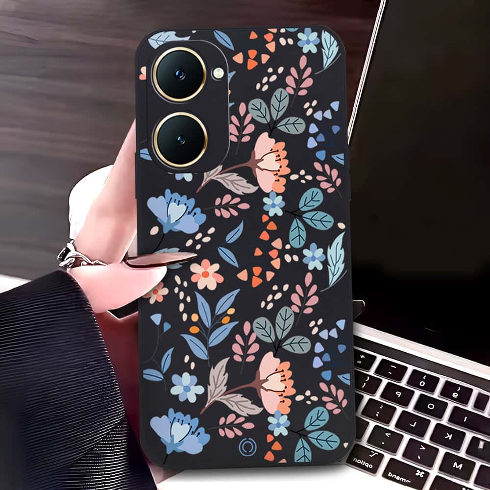 Vivo Y03 Cover - Black - D1 - ONation Floral Series - HQ Liquid Silicone Soft Case