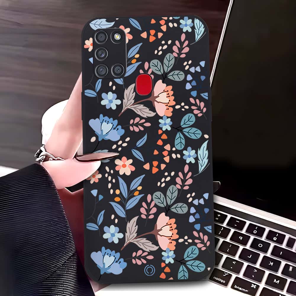 Samsung Galaxy A21s Cover - Black - D1 - ONation Floral Series - HQ Liquid Silicone Soft Case