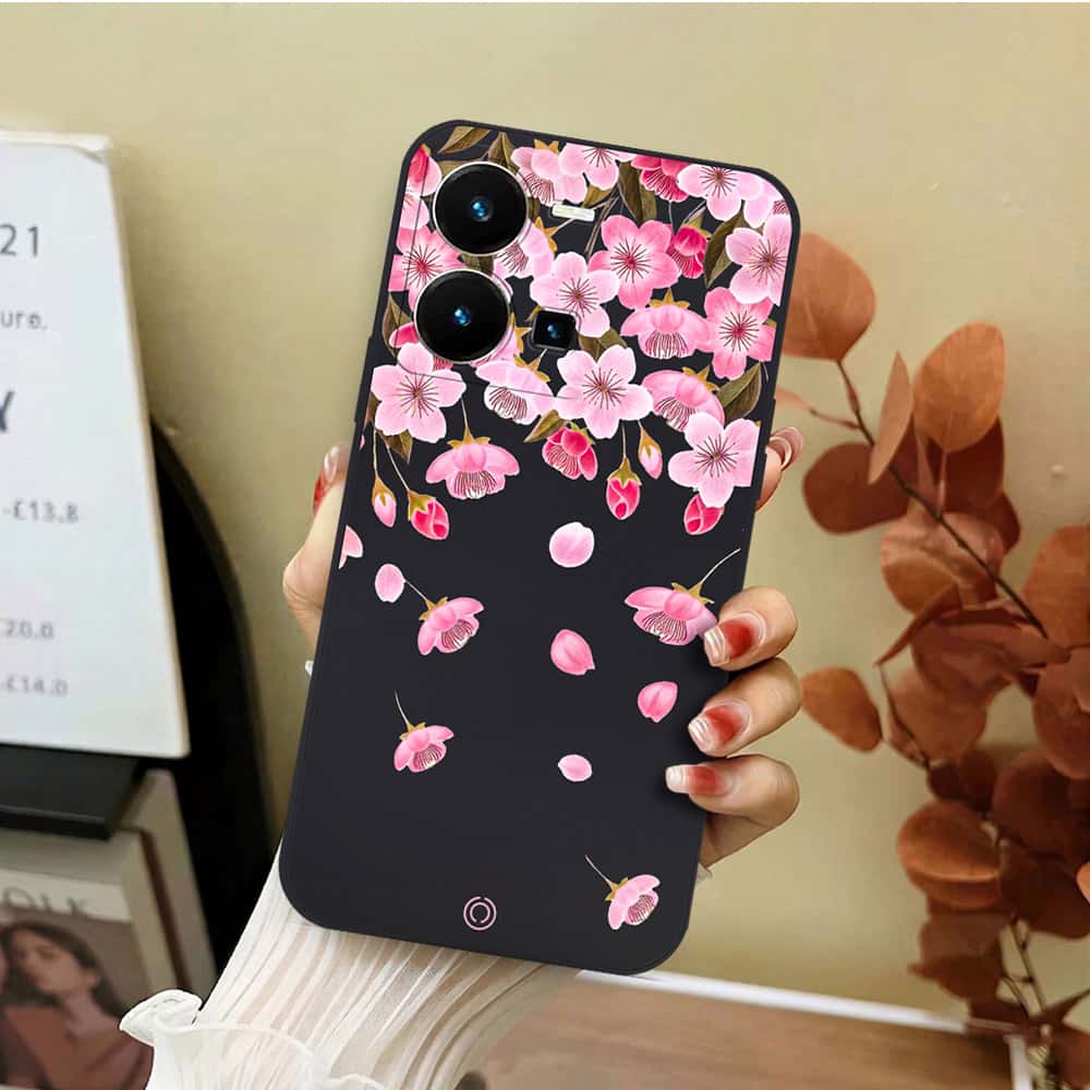 Vivo Y35 4G Cover - Black - D3 - ONation Nature Floral Series - HQ Liquid Silicone Soft Case