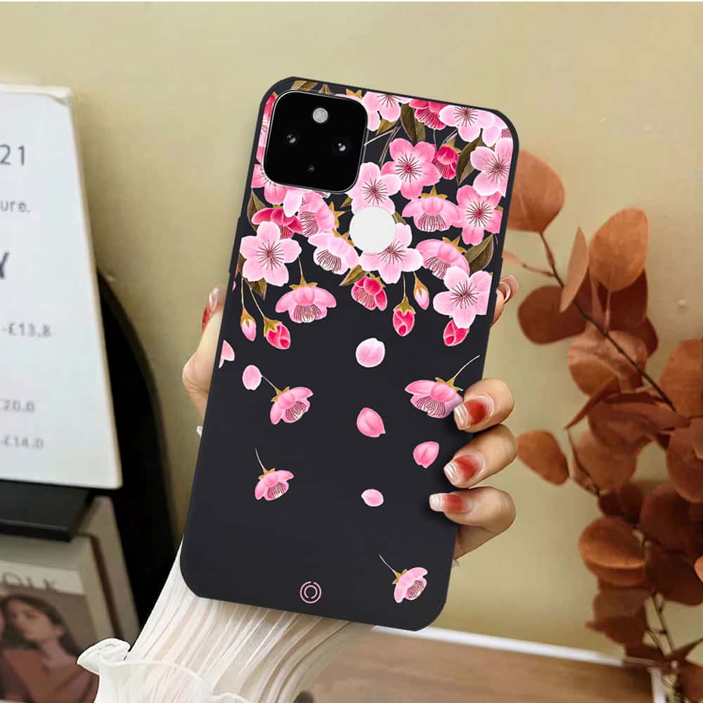 Google Pixel 5a 5G Cover - Black - D3 - ONation Nature Floral Series - HQ Liquid Silicone Soft Case