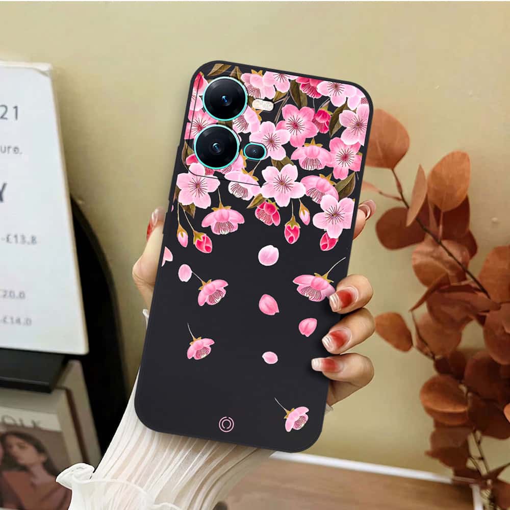 Vivo V25e Cover - Black - D3 - ONation Nature Floral Series - HQ Liquid Silicone Soft Case